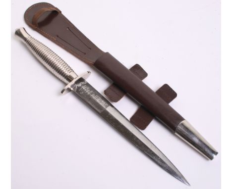 Post WW2 Commando FS Dagger by Wilkinson Sword, all nickel example, complete with its brown leather scabbard and elasticated 