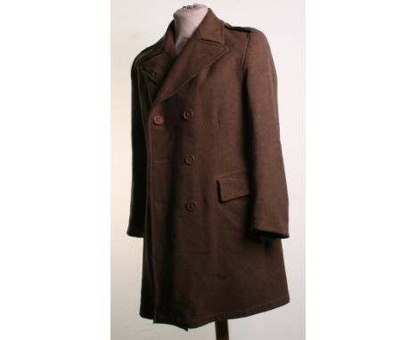 WW2 Woman's Land Army (W.L.A) Greatcoat of heavy brown khaki wool. Red on green WLA shoulder titles. Double row of large Bake