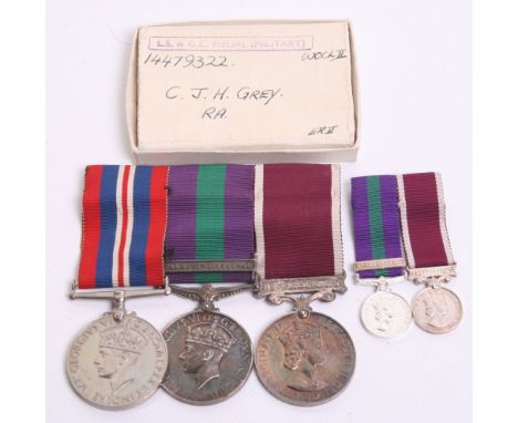 Royal Artillery Group of Three consisting of 1939-45 War medal, George VI General Service Medal (GSM) with clasp PALESTINE 19