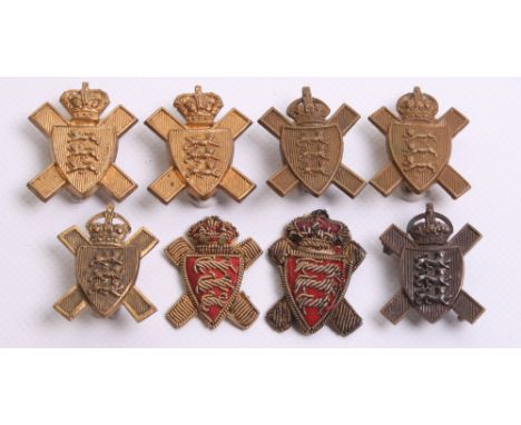 Royal Jersey Militia Collar Badges including a matched pair of circa 1895 other ranks gilded brass collar badges with two lug