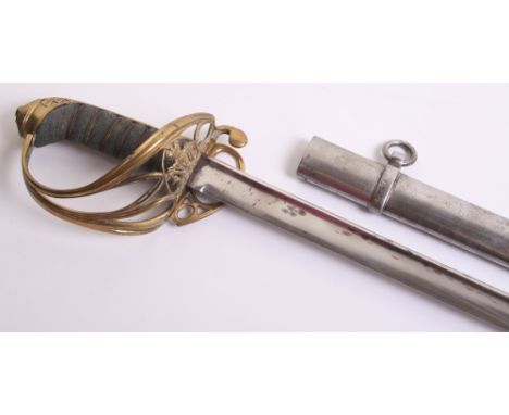 British 1822 Pattern Infantry Officers Sword being a William IV example housed in its steel scabbard. Scabbard is missing top