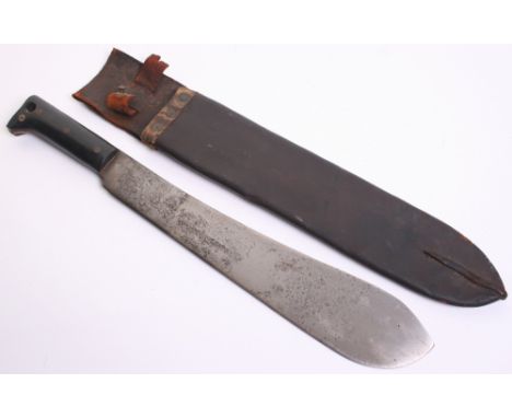 1943 Dated Jungle Machete with two piece ebony grip. Complete with its leather scabbard. Blade marked Legitimus Colins & Co M