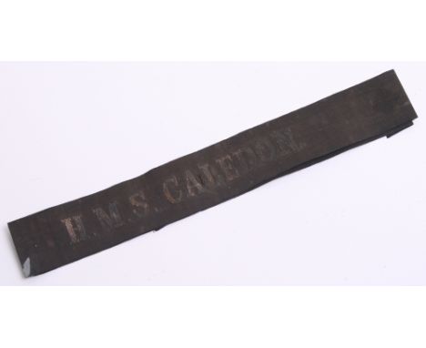 Great War HMS CALEDON Cap Tally with gold wire embroidered on black ribbon. Some fading and wear.** HMS Caledon C-Class Light