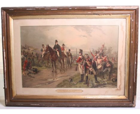 Large Battle of Waterloo Framed Print depicting Lord Wellington on horseback with soldiers around. Well detailed. Housed in a