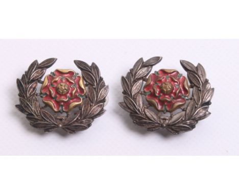 Post 1881 Hampshire Militia Officers Collar Badges, silvered wreath with red enamel rose to the centre. Two piece constructio