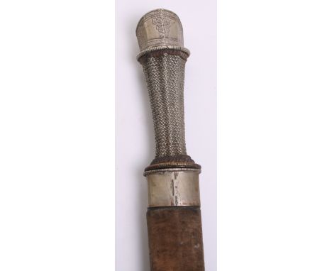 Tibetan Sword, single edge blade 24.75" engraved nickel pommel and wire-bound grip, in its brown velvet covered scabbard with