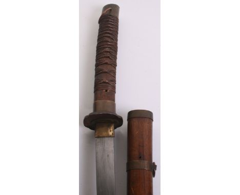 WW2 Period Burmese-Japanese Sword, blade 26"iron guard, wooden hilt with copper wire binding and plain brass mounts, in its b