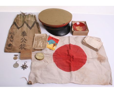 WW2 Imperial Japanese Peaked Cap Grouping consisting of army issue dress peaked cap, saki cup, personal effects bag, Japanese