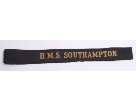 Royal Navy HMS Southampton Cap Tally gold wire embroidered on black ribbon. WW2 period example with full stop after ships nam