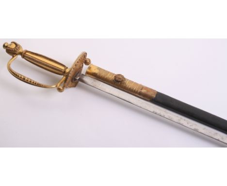 British Victorian Court Sword with gilt metal half shell guard with decorated knuckle bow. Complete with the leather and bras