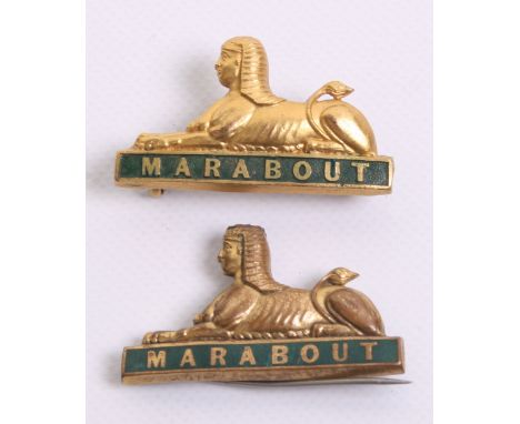 Two Dorsetshire Regiment Officers Field Service Cap Badges Circa 1895, gilt and enamel showing Sphinx above MARABOUT tablet. 