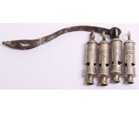 Four 1920's British Military Issue Whistles, all being Metropolitan patterns and made by J Hudson & Co 244 Barr Street. Whist