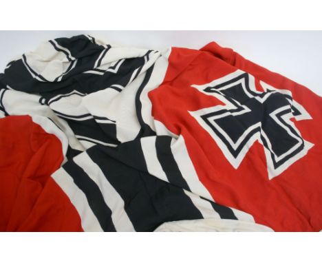 WW2 Kriegsmarine Battle Flag being double sided with Iron Cross motif to the corner and large swastika to the centre. Flag is