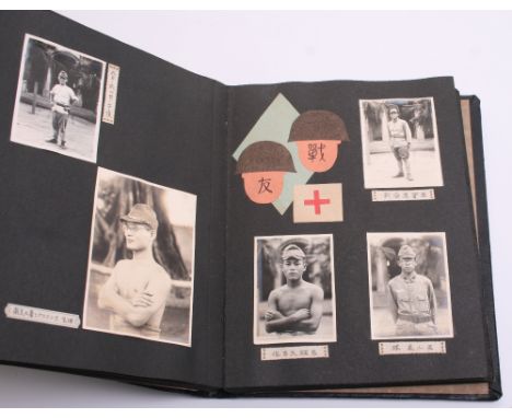 WW2 Japanese Army Photograph Album consisting of mostly snap shot photographs showing soldier in uniforms, civilians, scenic 