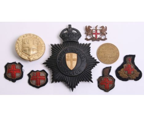 City of London Police Helmet Plate Kings Crown black star, brass coat of arms centre (never issued), Martingale badge (missin