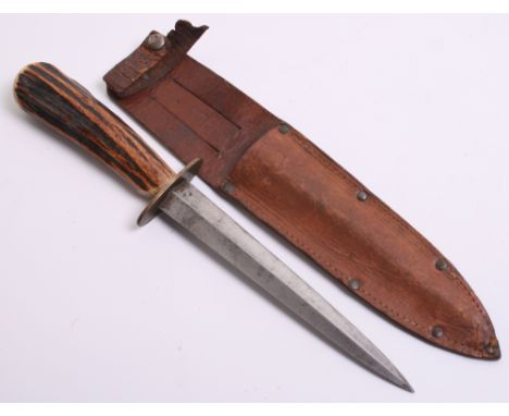 WW2 British Home Guard Auxiliaries FS Style Fighting Knife, with stag horn grip. Brass cross guard. Fairbairn Sykes commando 