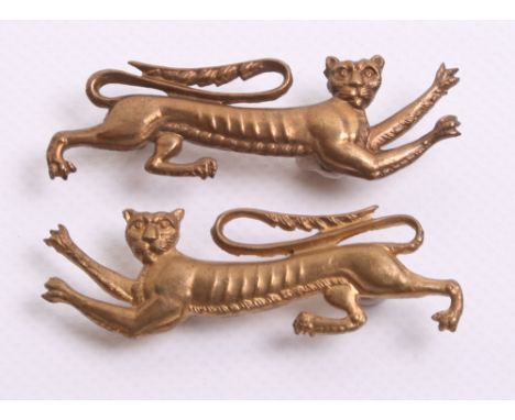 Royal Guernsey Militia (Light Infantry) Collar Badges Circa 1904, being a brass and a gilded metal example. Both badges are c