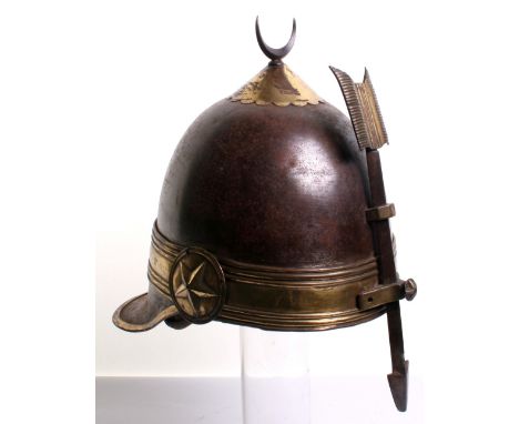 19th Century Ottoman Empire Khedive Palace Guards Helmet, tall steel skull surmounted by an iron crescent on brass mount, adj