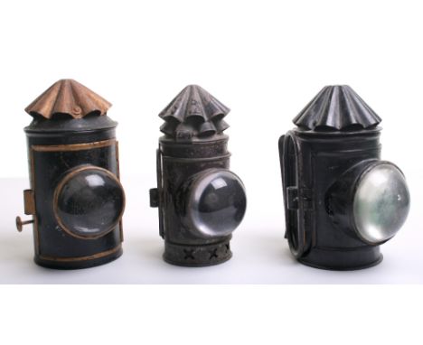 Three Victorian Police “Bullseye" Lanterns, 1 x two stack chimney lantern and 2 x one stack chimney lanterns,  in fair to goo
