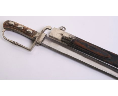 Late 19th Century German Hunting Hanger, broad straight single edge blade 24" nickel stirrup hilt with small guard, 2 piece s