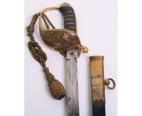 British 1827 Pattern Royal Naval Warrant Officer's Sword, Blade 31.5" etched with royal arms and crowned fouled anchor. Regul