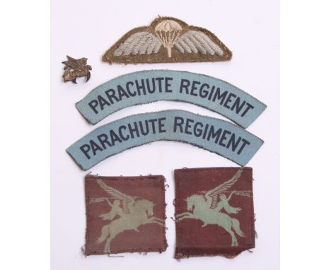 WW2 British Airborne Parachute Regiment Insignia Grouping consisting of matched pair of uniform removed printed PARACHUTE REG