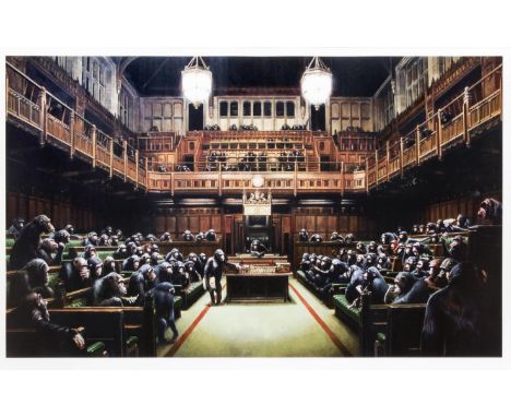 Banksy (British 1974-), ‘Monkey Parliament', 2009, offset lithograph in colours on smooth wove paper; sheet: 53 x 84cm  ARR