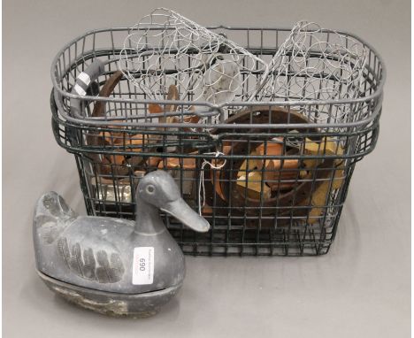 Two vintage shopping baskets, a pewter duck, etc.  