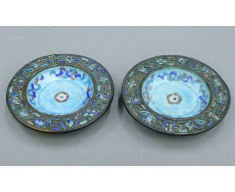 Two Chinese enamel dishes. 10.5 cm diameter.
