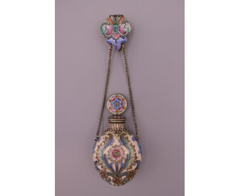 A late 19th/early 20th century Russian silver gilt champleve enamel scent bottle hand painted with flowers. 11.5 cm high over