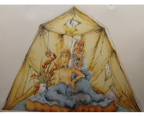 ANTHONY GREEN RA, The Tent, print, over two pages, signed in pencil and dated '89, unframed. 119 x 176 cm overall.