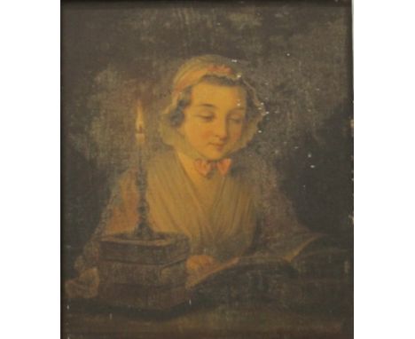 19TH CENTURY SCHOOL, A Young Girl Reading by Candle Light, oil on panel, framed. 29 x 34 cm.