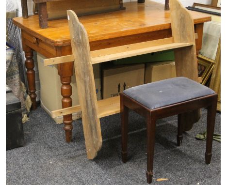 A pine table, a pine shelf and a stool.