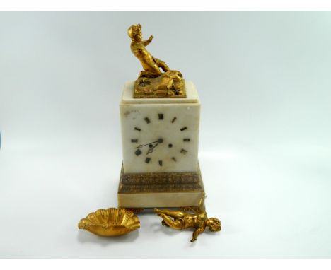 A 19thC French white marble and ormalu mantel clock, having cherub and shell pediment, laid acanthus scroll work, an eight da