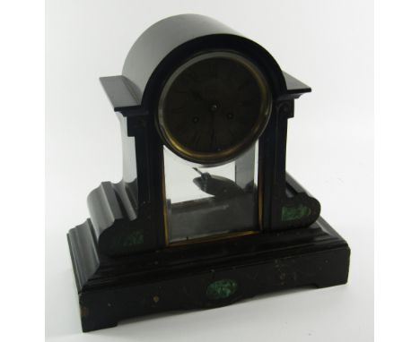 A Victorian slate and malachite inlaid mantel clock, silvered dial bearing Roman numerals, eight day movement, half hour stri