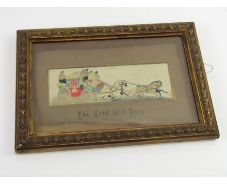 A silk Stevengraph, The Good Old Days, mounted and framed, 5cm x 15cm.