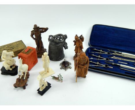 Collectables, including a cased set of drawing instruments, brass box embossed with dragons, cold painted match holder modell