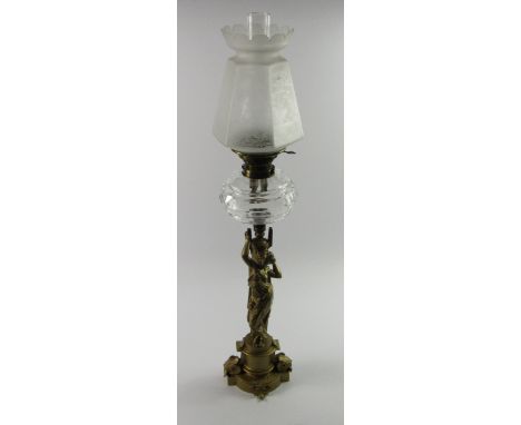 A Hinks's No 2 Duplex oil lamp, with a cut glass reservoir, gilt metal column fronted by a classical maiden on a leaf scroll 