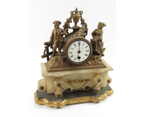 A Continental brass and white marble mantel clock, late 19thC, enamel dial in a drum casing bearing Roman numerals, flanked b