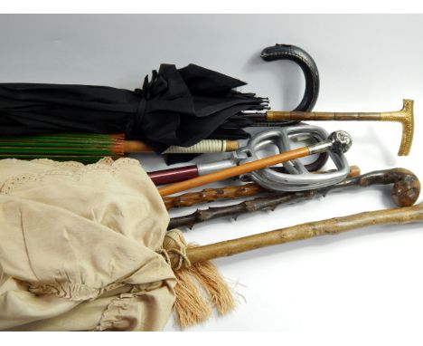 Victorian parasols, walking stick, silver topped swagger stick and shooting sticks, (14).