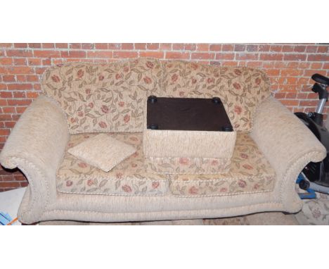 A floral tapestry and oatmeal finish four-piece suite, comprising three seater sofa, two armchairs and box stool.