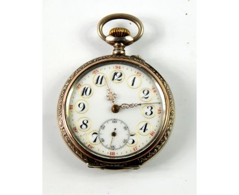 A continental white metal cased open faced pocket watch, late 19thC, keyless wind, enamel dial bearing twenty four hour Arabi