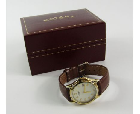A Rotary gentleman's gold plated wristwatch, circular case, cream dial bearing Roman numerals, date aperture, No 4598, boxed 