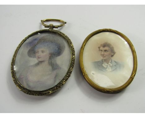 A watercolour miniature bust portrait of a lady, in a 19thC gilt metal oval frame, 8cm x 6cm, and a photograph of a lady in a