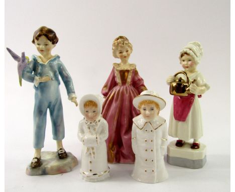 Three Royal Worcester figures of The Parakeet (3087), Grandmother's dress (3081) and Polly put the kettle on (3303), and two 