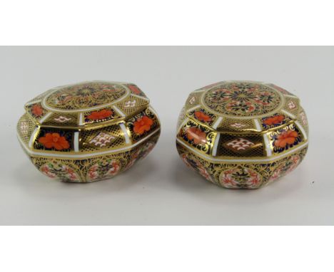 Two Royal Crown Derby porcelain Old Imari trinket boxes and covers, one octagonal, the other oblong octagonal, printed marks