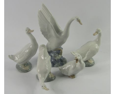 Lladro Nao porcelain figures of geese, and another of a duck, (5).