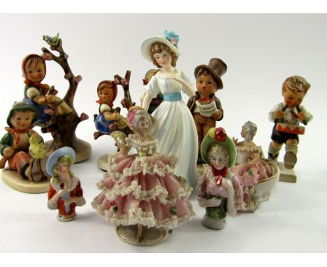 Six Goebel Hummel figures, two Continental half doll figures, two crinoline figures, and further figures, (a quantity)