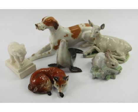 Pottery and porcelain animals, including a Limonosov seal, Mackay Studio recumbent fox, Lladro rabbit and a pottery elephant 