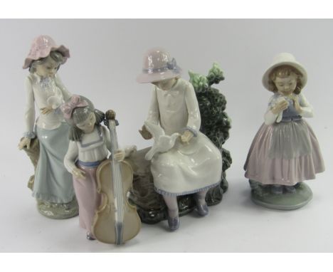 A group of Lladro Nao porcelain figures, comprising a seated girl with doves, further girl with a dove, girl with a double ba